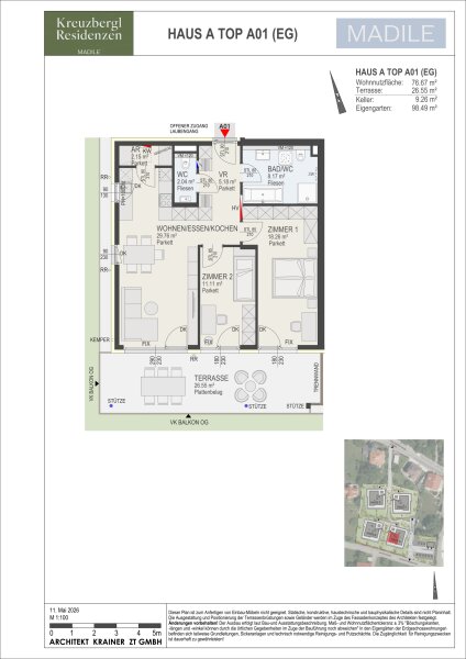 Wohnung Top A01 in Haus A: 76,67 m² Wohnnutzfläche, 3 Zimmer im Erdgeschoss, Terrasse 26,55 m² · Eigengarten 98,49 m² und Kellerabteil mit 9,26 m².