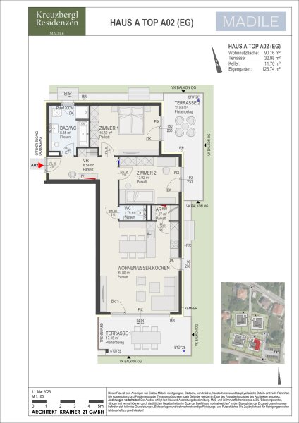 Wohnung Top A02 in Haus A: 90,16 m² Wohnnutzfläche, 3 Zimmer im Erdgeschoss, Terrasse 32,98 m² · Eigengarten 126,74 m² und Kellerabteil mit 11,70 m².