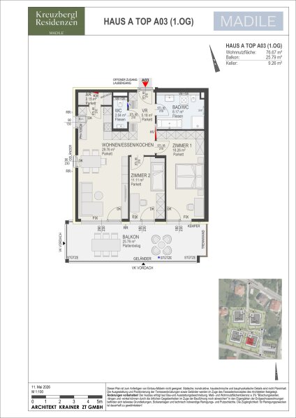 Wohnung Top A03 in Haus A: 76,67 m² Wohnnutzfläche, 3 Zimmer im 1. Obergeschoss, Balkon 25,79 m² und Kellerabteil mit 9,26 m².