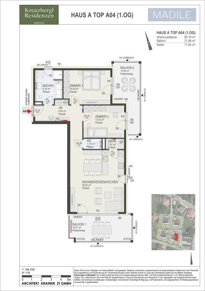 Wohnung Top A04 in Haus A: 90,16 m² Wohnnutzfläche, 3 Zimmer im 1. Obergeschoss, Balkon 31,66 m² und Kellerabteil mit 17,54 m².