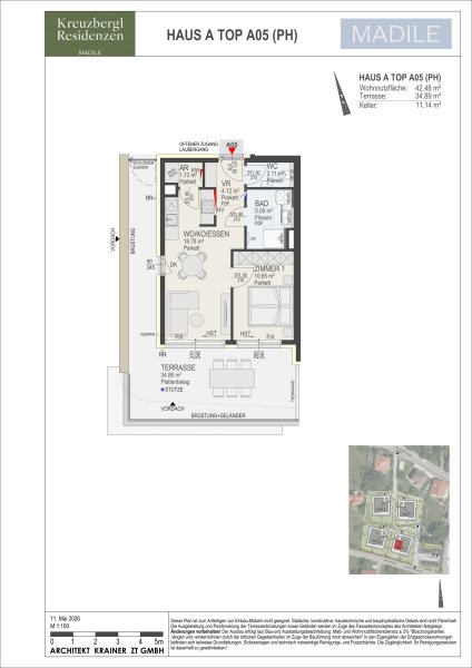 Wohnung Top A05 in Haus A: 42,48 m² Wohnnutzfläche, 2 Zimmer im Penthousegeschoss, Terrasse 34,89 m² und Kellerabteil mit 11,14 m².