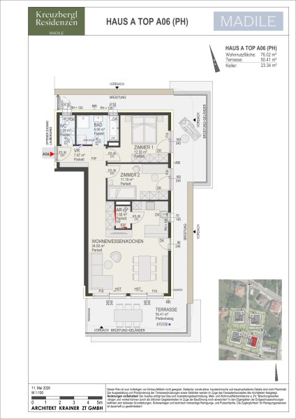 Wohnung Top A06 in Haus A: 76,02 m² Wohnnutzfläche, 3 Zimmer im Penthousegeschoss, Terrasse 50,41 m² und Kellerabteil mit 23,34 m².