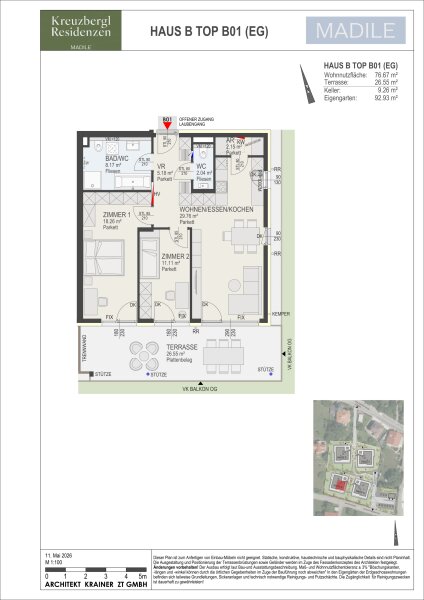 Wohnung Top B01 in Haus B: 76,67 m² Wohnnutzfläche, 3 Zimmer im Erdgeschoss, Terrasse 26,55 m² · Eigengarten 92,93 m² und Kellerabteil mit 9,26 m².