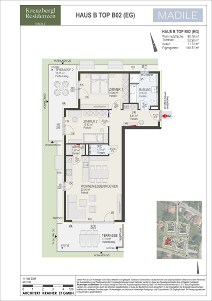 Wohnung Top B02 in Haus B: 90,16 m² Wohnnutzfläche, 3 Zimmer im Erdgeschoss, Terrasse 32,98 m² · Eigengarten 168,57 m² und Kellerabteil mit 11,70 m².