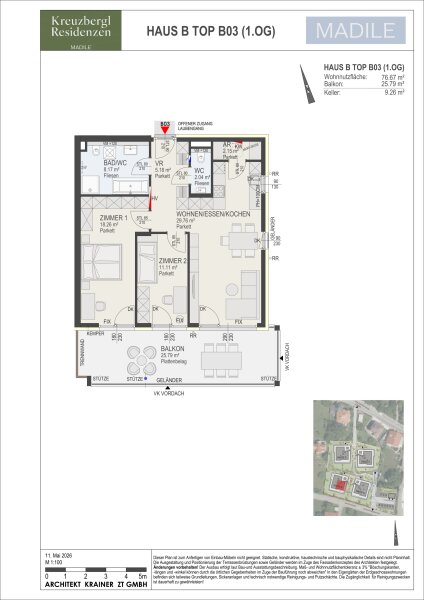 Wohnung Top B03 in Haus B: 76,67 m² Wohnnutzfläche, 3 Zimmer im 1. Obergeschoss, Balkon 25,79 m² und Kellerabteil mit 9,26 m².