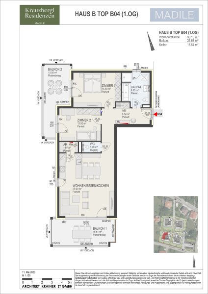 Wohnung Top B04 in Haus B: 90,16 m² Wohnnutzfläche, 3 Zimmer im 1. Obergeschoss, Balkon 31,66 m² und Kellerabteil mit 17,54 m².