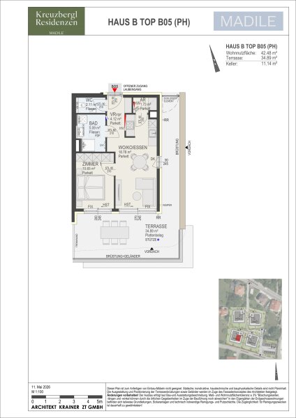 Wohnung Top B05 in Haus B: 42,48 m² Wohnnutzfläche, 2 Zimmer im Penthousegeschoss, Terrasse 34,89 m² und Kellerabteil mit 11,14 m².