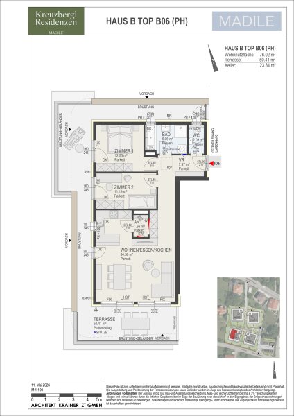 Wohnung Top B06 in Haus B: 76,02 m² Wohnnutzfläche, 3 Zimmer im Penthousegeschoss, Terrasse 50,41 m² und Kellerabteil mit 23,34 m².