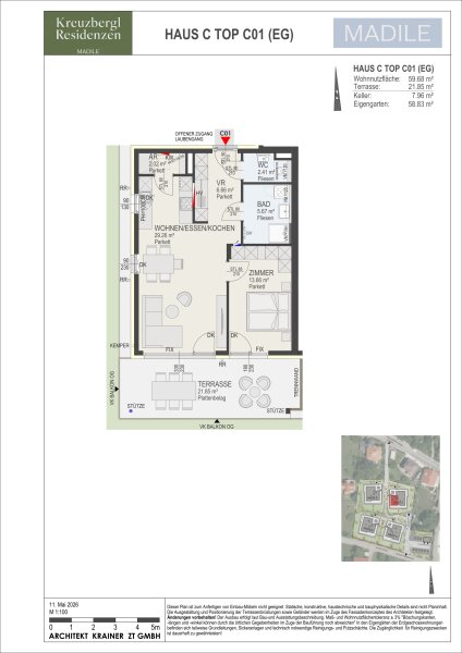 Wohnung Top C01 in Haus C: 59,68 m² Wohnnutzfläche, 2 Zimmer im Erdgeschoss, Terrasse 21,85 m² · Eigengarten 58,83 m² und Kellerabteil mit 7,96 m².