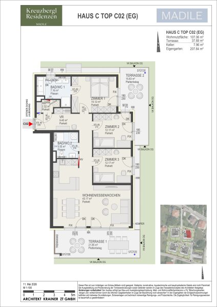 Wohnung Top C02 in Haus C: 107,06 m² Wohnnutzfläche, 4 Zimmer im Erdgeschoss, Terrasse 37,68 m² · Eigengarten 207,84 m² und Kellerabteil mit 7,96 m².