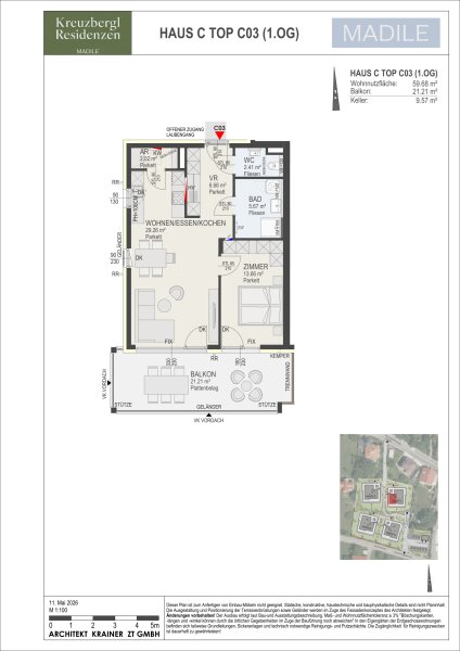 Wohnung Top C03 in Haus C: 59,68 m² Wohnnutzfläche, 2 Zimmer im 1. Obergeschoss, Balkon 21,21 m² und Kellerabteil mit 9,57 m².