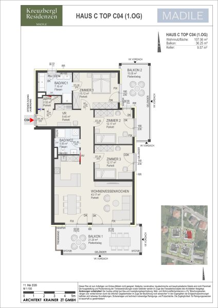 Wohnung Top C04 in Haus C: 107,06 m² Wohnnutzfläche, 4 Zimmer im 1. Obergeschoss, Balkon 36,25 m² und Kellerabteil mit 9,57 m².