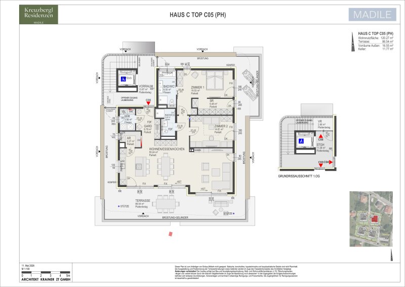 Wohnung Top C05 in Haus C: 120,27 m² Wohnnutzfläche, 3 Zimmer im Penthousegeschoss, Terrasse 86,54 m² · Außenvorräume 16,55 m² und Kellerabteil mit 11,77 m².