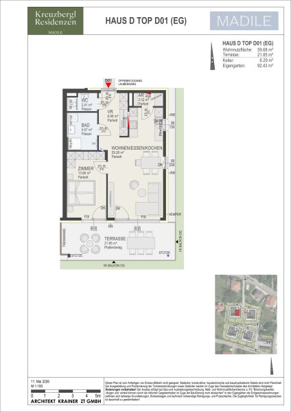 Wohnung Top D01 in Haus D: 59,68 m² Wohnnutzfläche, 2 Zimmer im Erdgeschoss, Terrasse 21,85 m² · Eigengarten 92,43 m² und Kellerabteil mit 6,29 m².