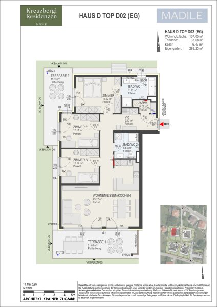 Wohnung Top D02 in Haus D: 107,05 m² Wohnnutzfläche, 4 Zimmer im Erdgeschoss, Terrasse 37,68 m² · Eigengarten 288,23 m² und Kellerabteil mit 6,47 m².