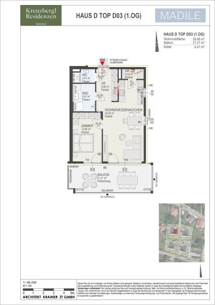Wohnung Top D03 in Haus D: 59,68 m² Wohnnutzfläche, 2 Zimmer im 1. Obergeschoss, Balkon 21,21 m² und Kellerabteil mit 6,47 m².