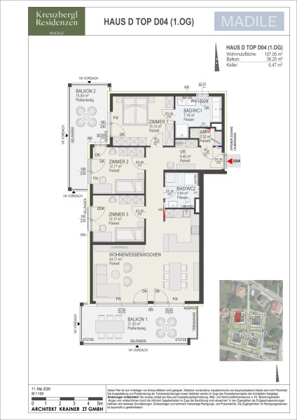 Wohnung Top D04 in Haus D: 107,05 m² Wohnnutzfläche, 4 Zimmer im 1. Obergeschoss, Balkon 36,25 m² und Kellerabteil mit 6,47 m².