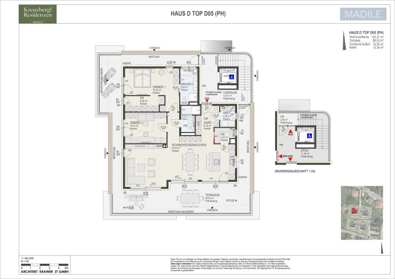 Wohnung Top D05 in Haus D: 120,27 m² Wohnnutzfläche, 4 Zimmer im Penthousegeschoss, Terrasse 86,53 m² · Außenvorräume 16,55 m² und Kellerabteil mit 13,36 m².