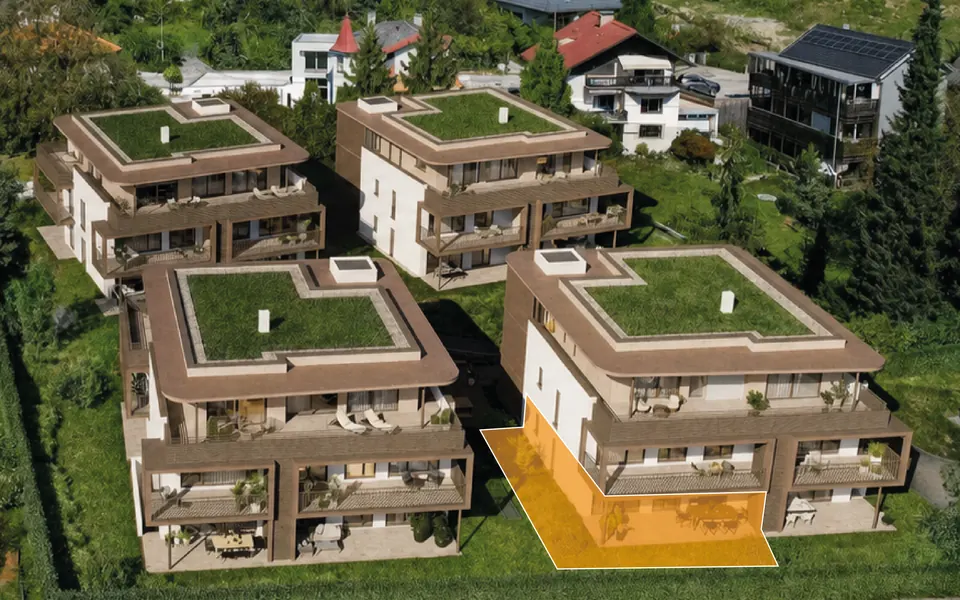 Markierte Lage der Wohnung Top A01 in Haus A, Erdgeschoss – Symbolbild, KI-bearbeitet