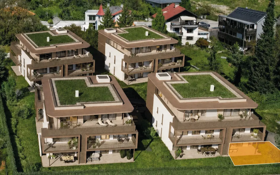 Markierte Lage der Wohnung Top A02 in Haus A, Erdgeschoss – Symbolbild, KI-bearbeitet