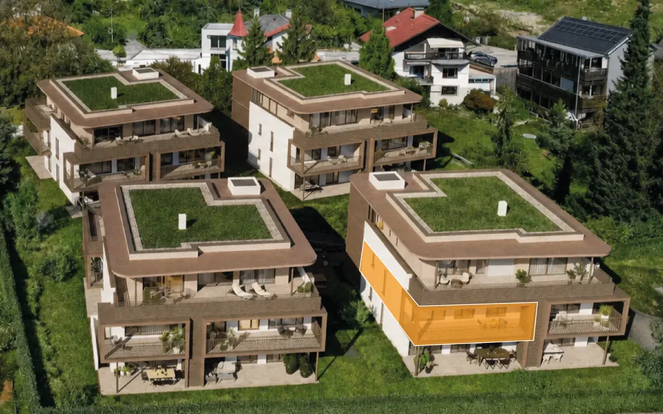 Markierte Lage der Wohnung Top A03 in Haus A, 1. Obergeschoss – Symbolbild, KI-bearbeitet