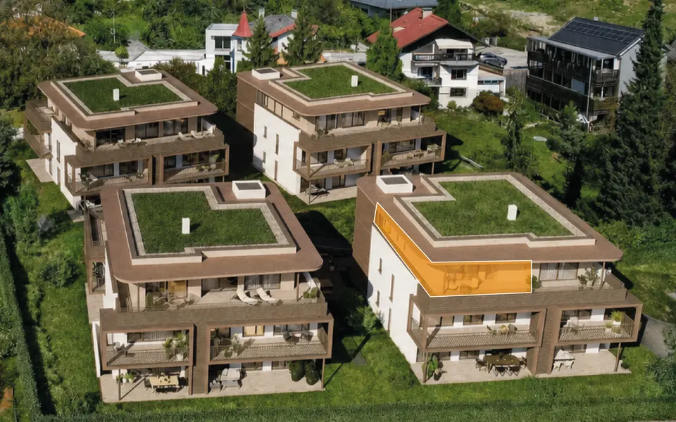 Markierte Lage der Wohnung Top A05 in Haus A, Penthousegeschoss – Symbolbild, KI-bearbeitet