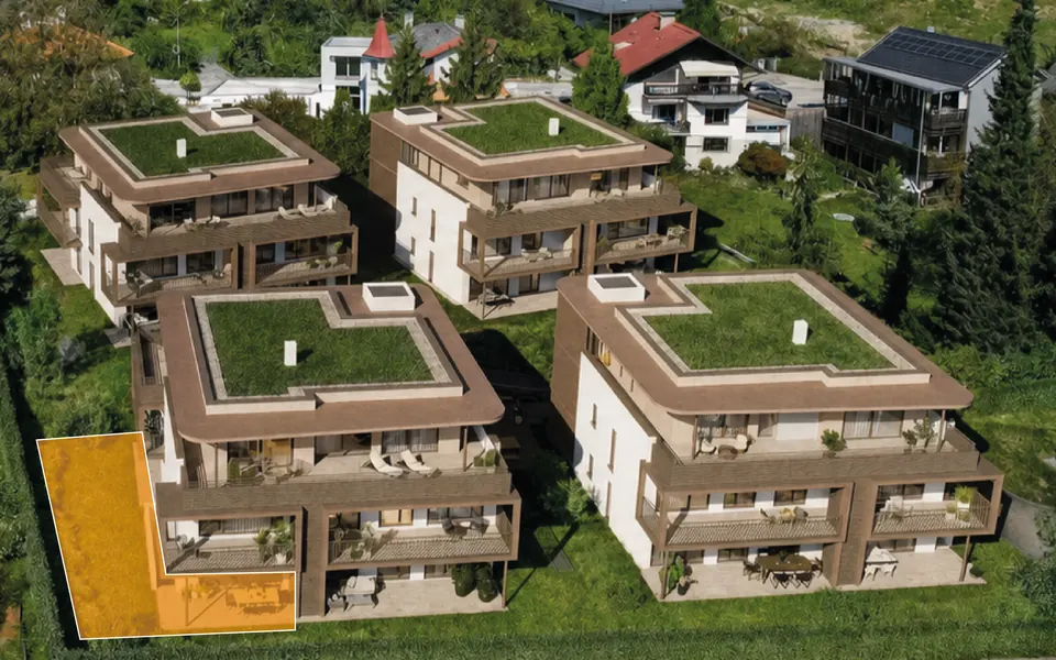 Markierte Lage der Wohnung Top B02 in Haus B, Erdgeschoss – Symbolbild, KI-bearbeitet
