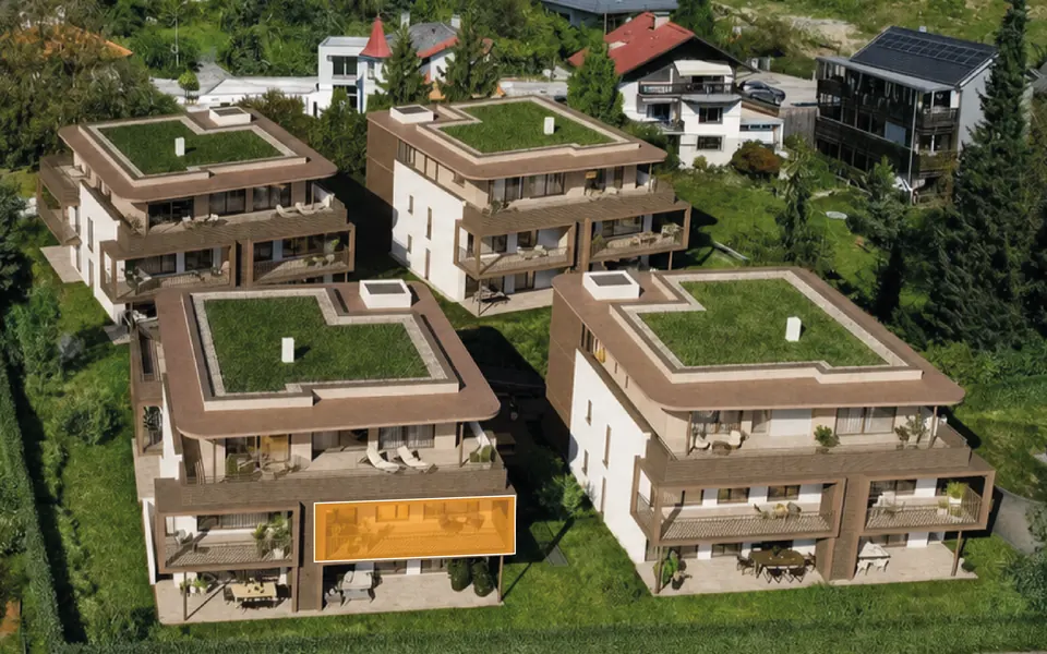 Markierte Lage der Wohnung Top B03 in Haus B, 1. Obergeschoss – Symbolbild, KI-bearbeitet