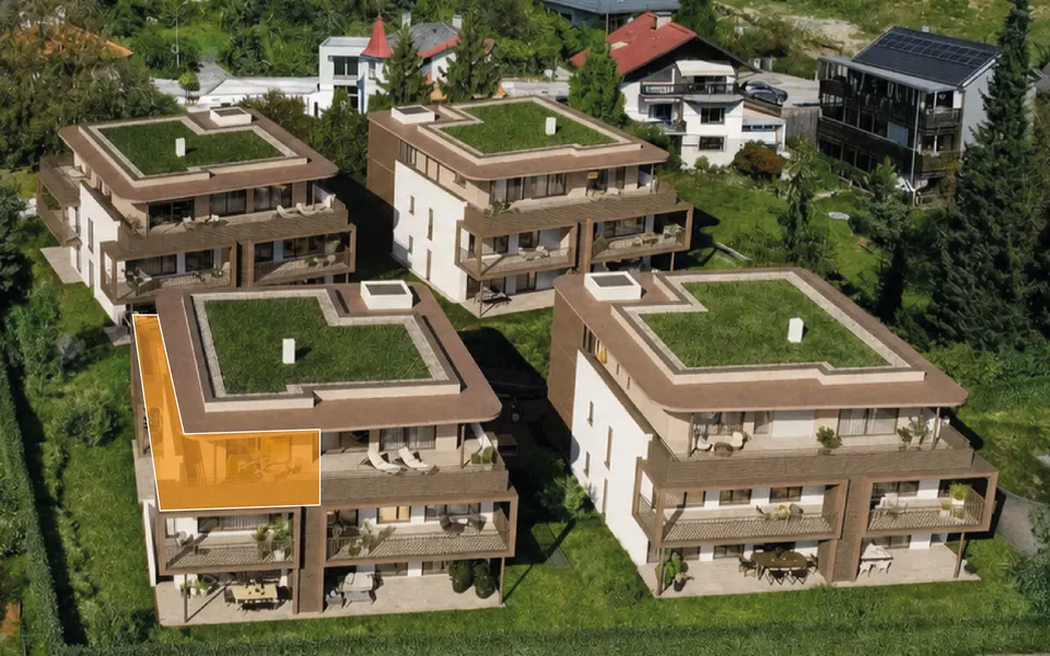 Markierte Lage der Wohnung Top B06 in Haus B, Penthousegeschoss – Symbolbild, KI-bearbeitet
