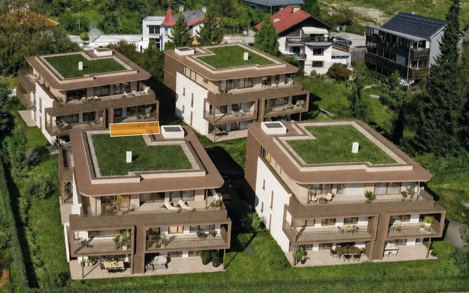 Markierte Lage der Wohnung Top D01 in Haus D, Erdgeschoss – Symbolbild, KI-bearbeitet