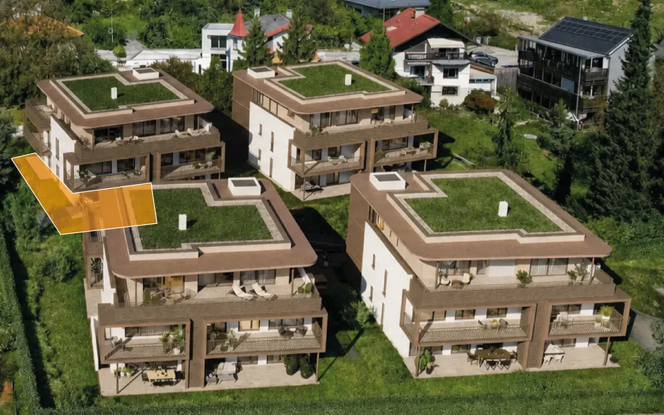 Markierte Lage der Wohnung Top D02 in Haus D, Erdgeschoss – Symbolbild, KI-bearbeitet