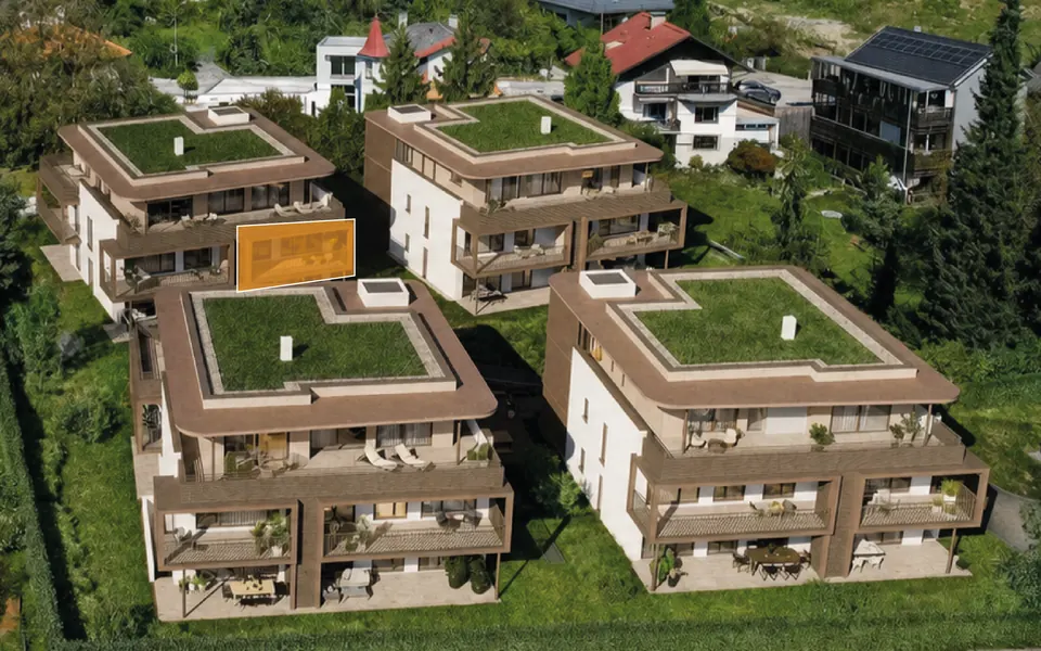 Markierte Lage der Wohnung Top D03 in Haus D, 1. Obergeschoss – Symbolbild, KI-bearbeitet