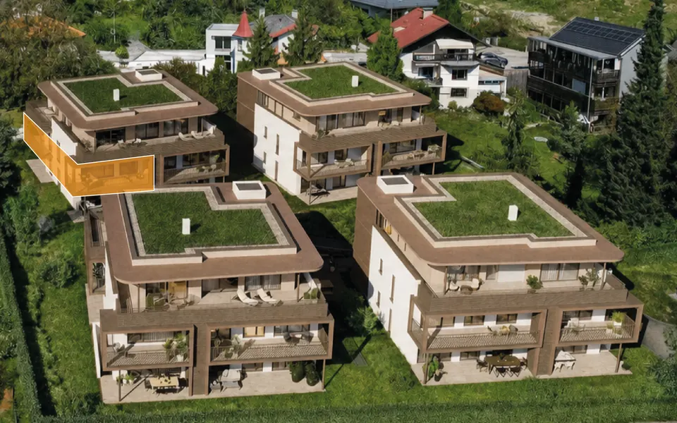 Markierte Lage der Wohnung Top D04 in Haus D, 1. Obergeschoss – Symbolbild, KI-bearbeitet