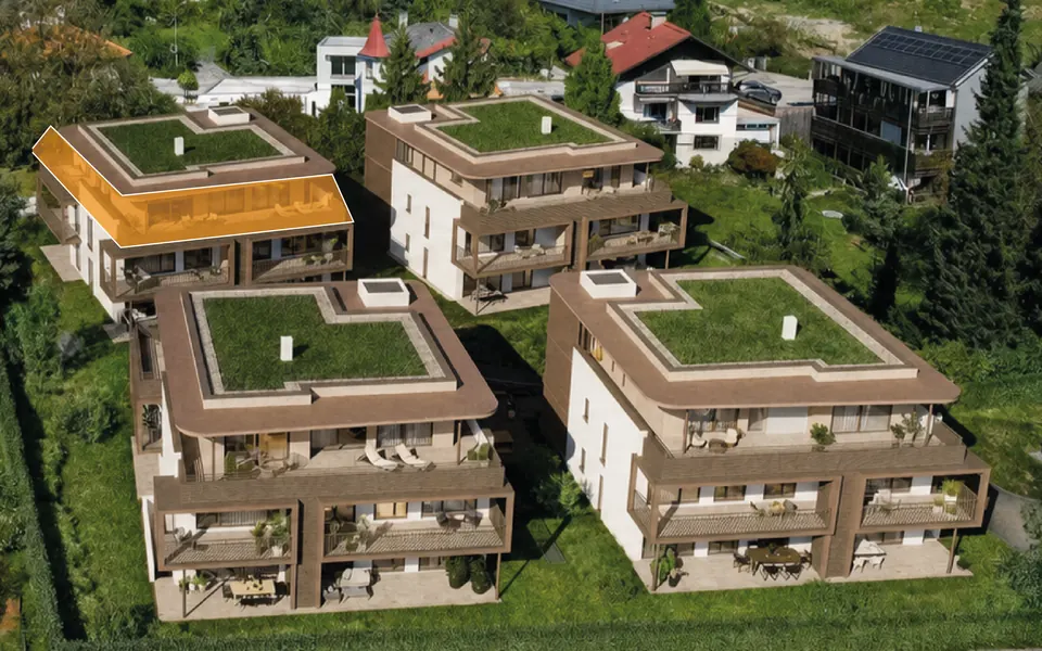 Markierte Lage der Wohnung Top D05 in Haus D, Penthousegeschoss – Symbolbild, KI-bearbeitet